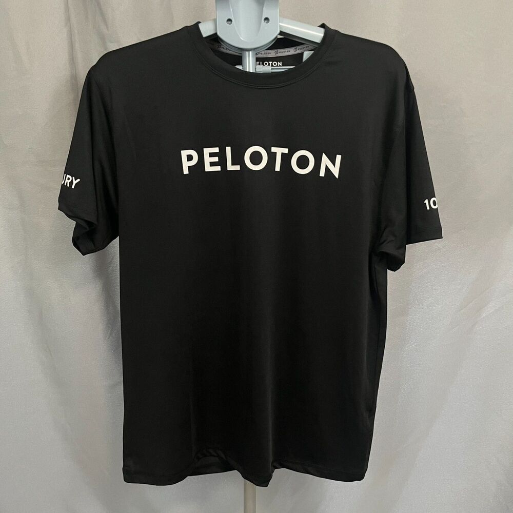 Peloton Century 100 Shirt Mens L Black‎ Graphic Logo Stretch Crew Neck Pullover